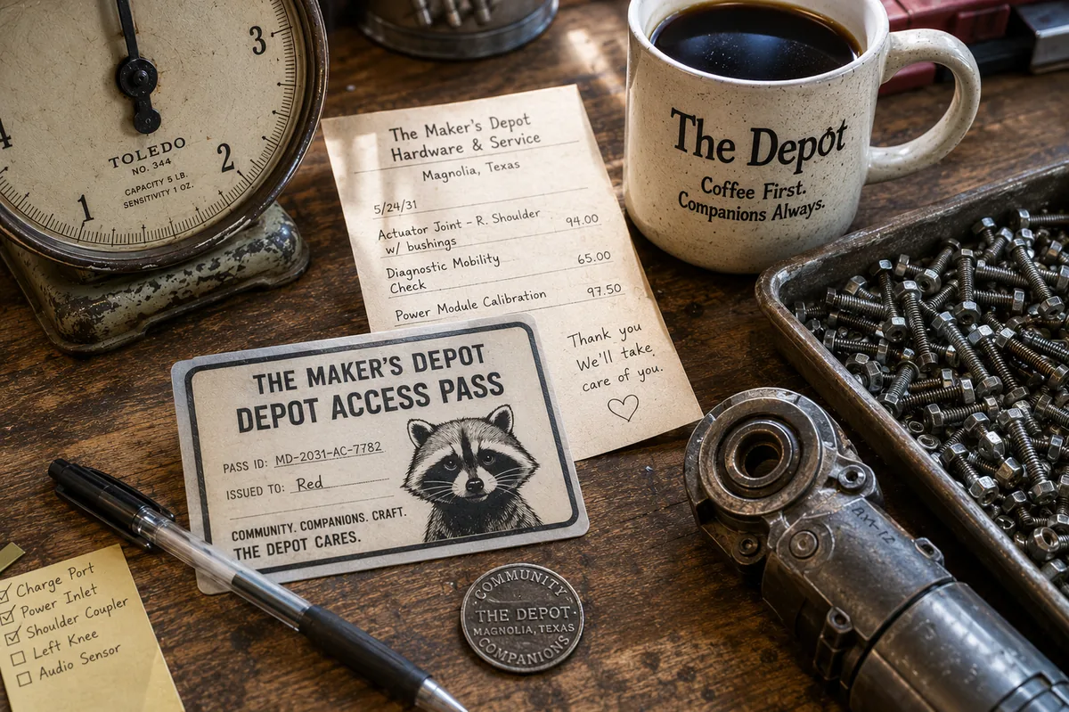 A Maker's Depot access pass with a raccoon illustration among tools, a receipt, and coffee