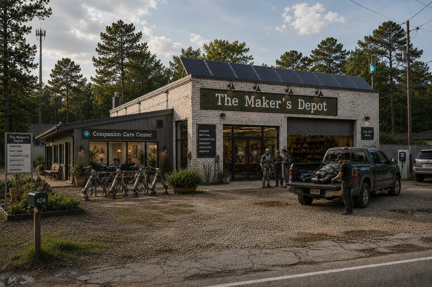 Daytime exterior of The Maker's Depot, a brick automotive garage converted into a community workshop