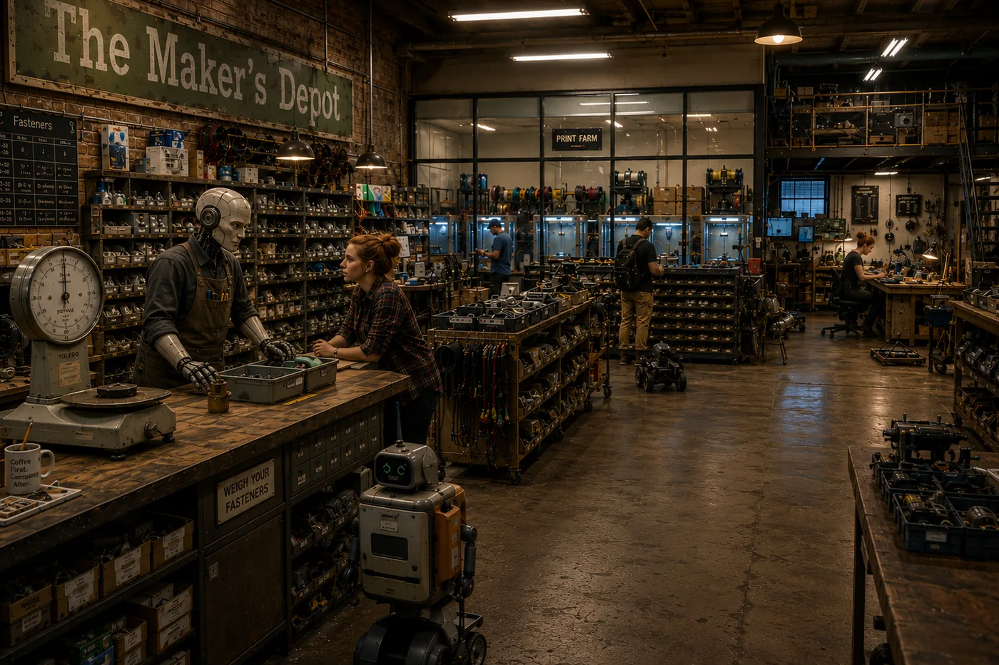 Inside The Maker's Depot, two people speak at the counter among shelves and workshop tools