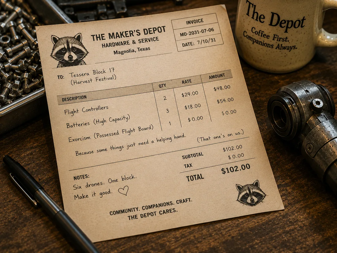 A Maker's Depot invoice beside tools, fasteners, and a coffee mug