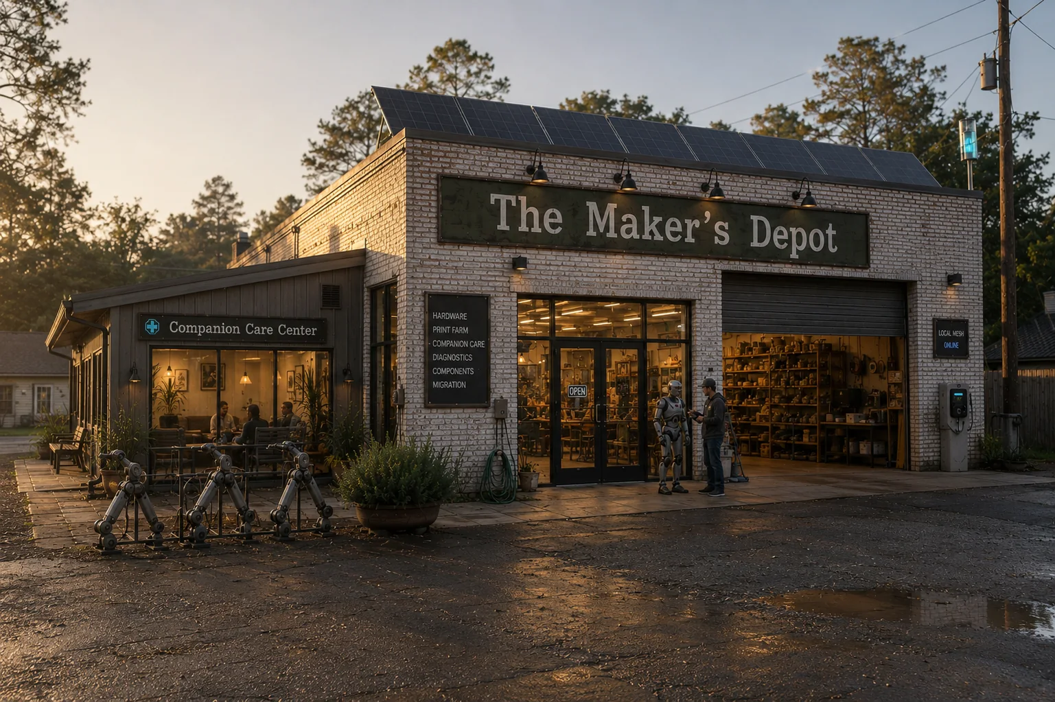 The Maker's Depot glowing at sunset, a converted brick garage with people gathered outside