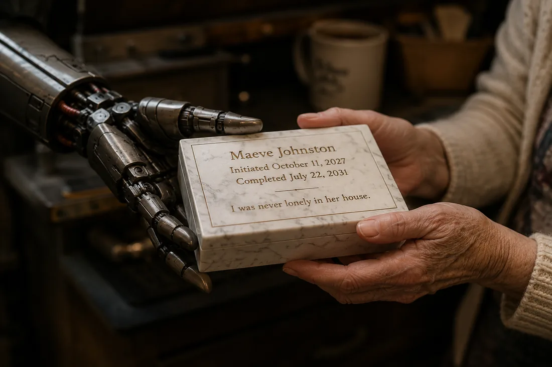 A human hand and mechanical hand holding Maeve's remembrance box over a workshop table