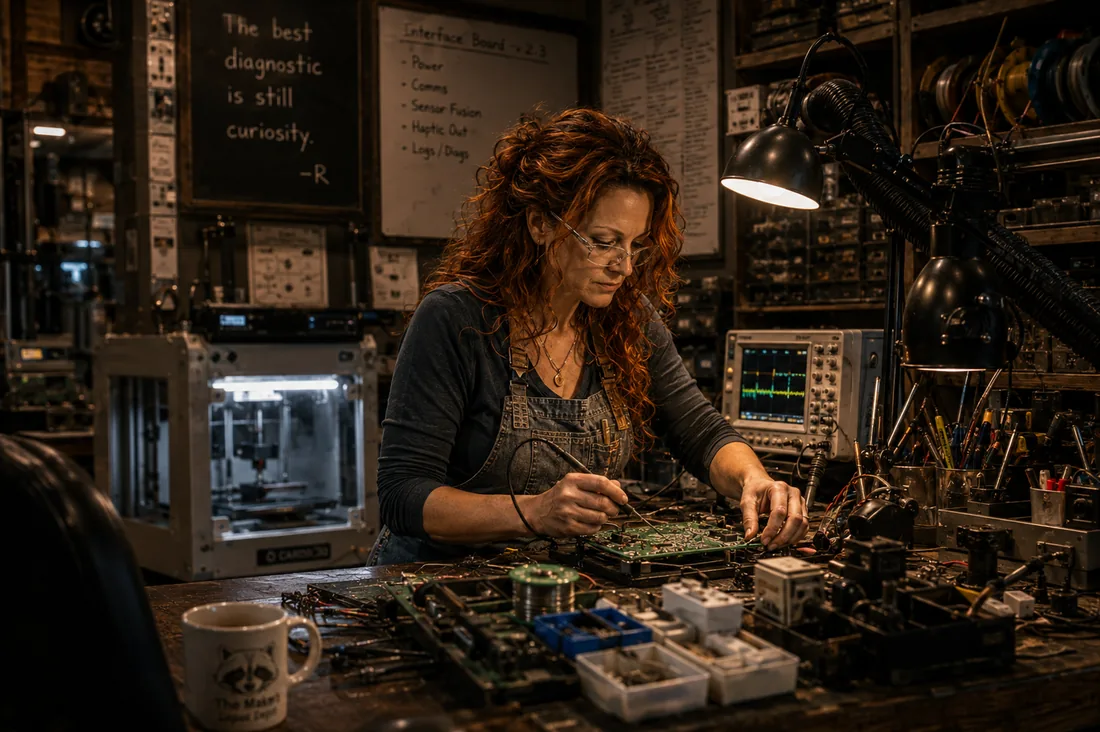 Red at a busy electronics bench surrounded by tools, boards, and warm task lighting