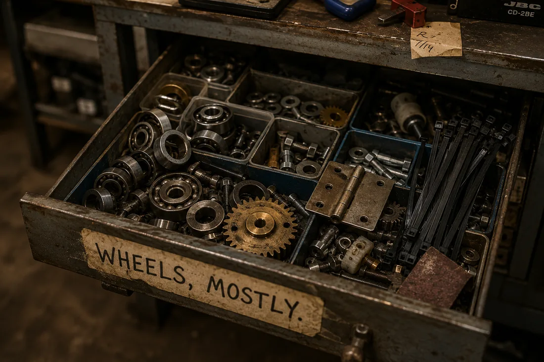An open workshop drawer labeled Wheels, Mostly, filled with bearings and small mechanical parts